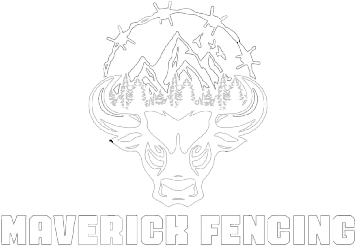Maverick Fencing logo: bull head with mountains, trees, and barbed wire crown, text "Maverick Fencing" below.