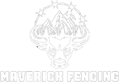 Maverick Fencing logo: bull head with mountains, trees, and barbed wire crown, text "Maverick Fencing" below.