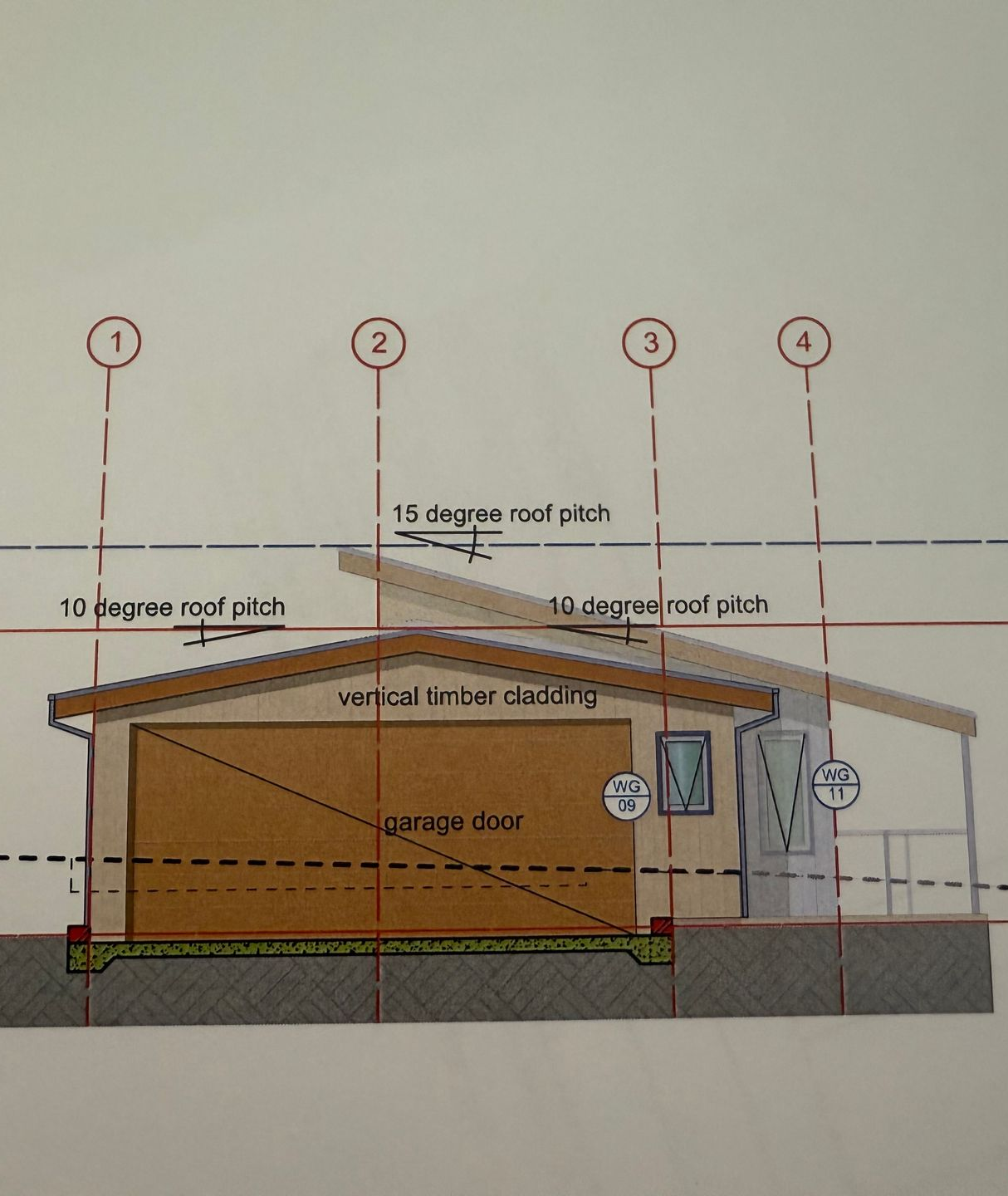 Architectural drawing of a garage with a 10 and 15 degree pitched roof, labeled components.