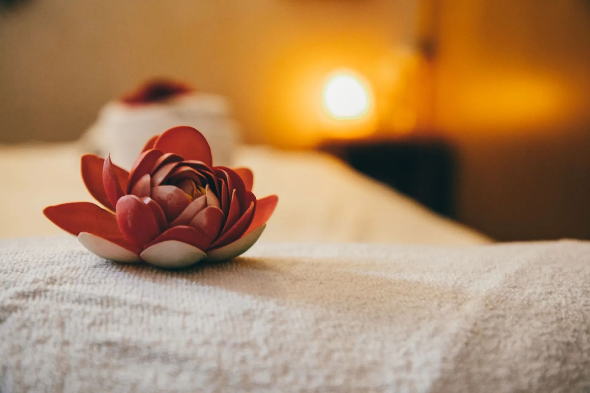 Red Lotus Flower on White Spa Towel With Soft Lighting — Traditional Massage Services In Broadbeach, QLD