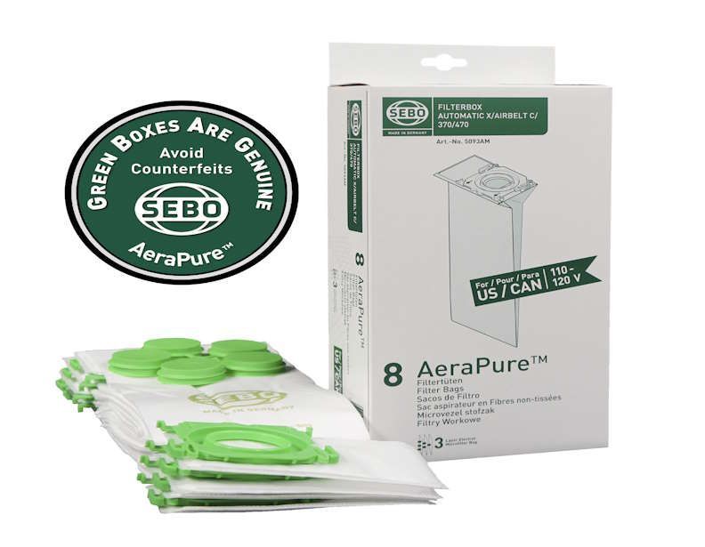 SEBO Airbelt D4 Premium — SEBO X/G/C/300/350/370 AeraPure Bags (8) — 5093AM