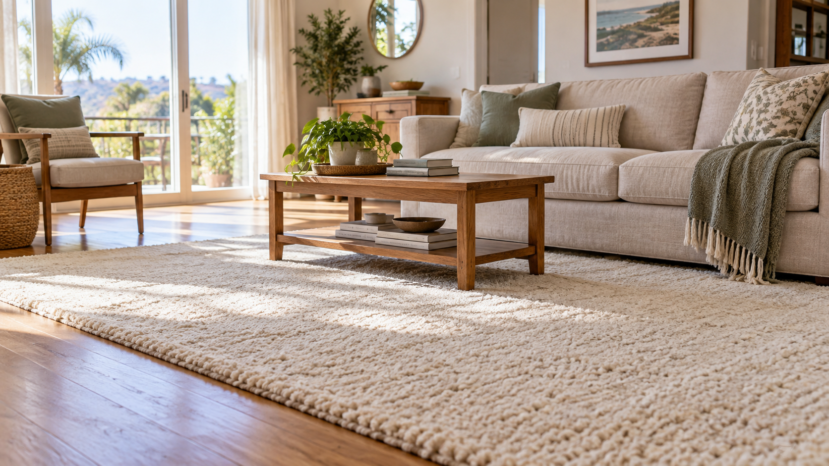 Sunlit living room with a clean cream area rug, warm wood flooring, and a linen sofa beside large windows.