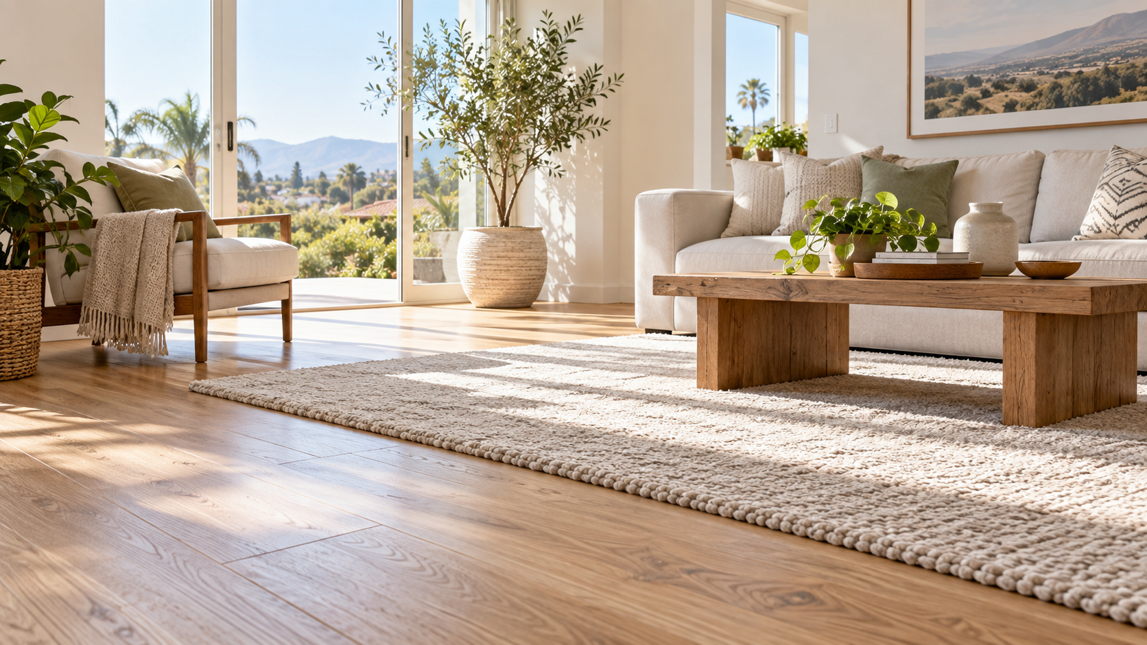 Sunlit living room with clean hardwood floors, a textured cream rug, leafy plants, and bright open windows.