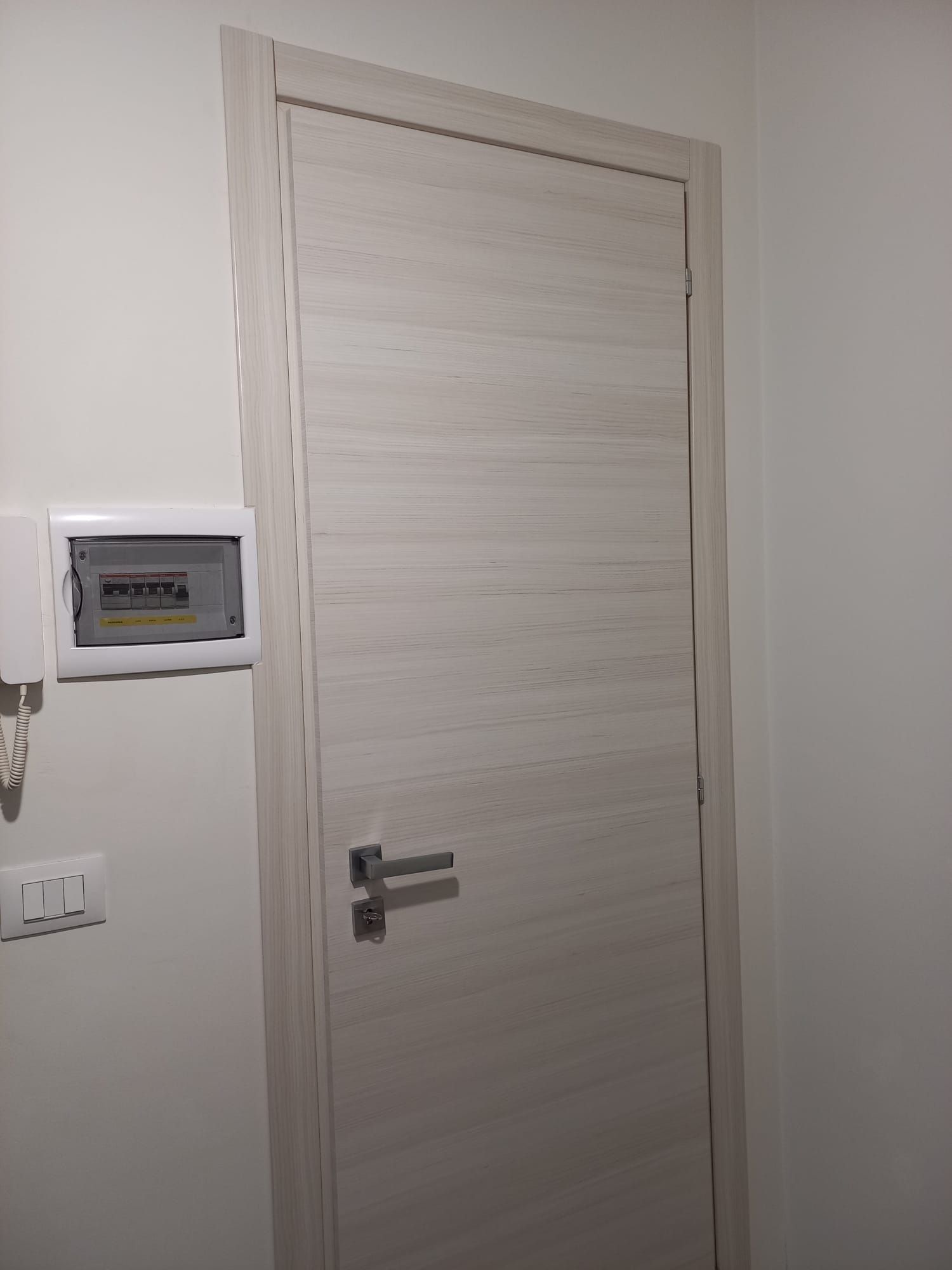 Porta in legno chiaro con venature bianche; quadro elettrico e prese sulla parete adiacente.
