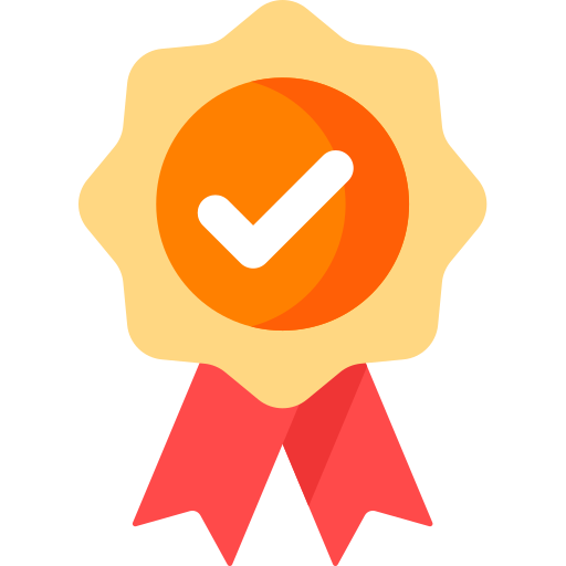 Distintivo di premiazione arancione con segno di spunta, su nastro rosso.