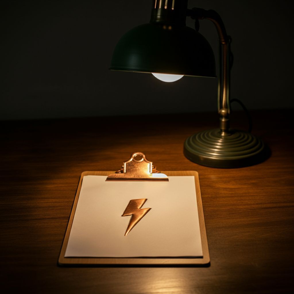 lighting bolt outline on a piece of paper on a clipboard with moody desk lamp lighting