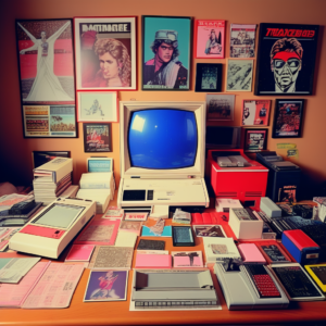 Vintage 80's computer on desk with other outdated tech items 