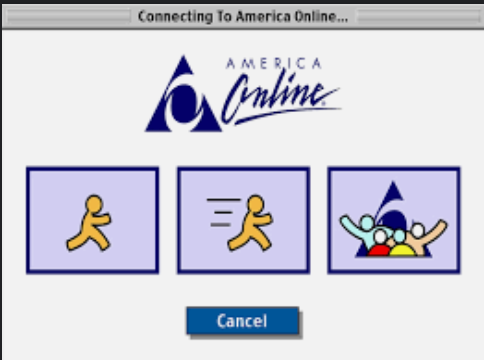 Image that showed when connecting to AOL. # boxes cartoon stick figure standing, than running, then with a group of people.