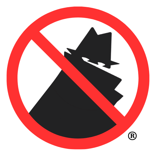 The neighborhood watch logo- cartoon silhouette of a burglar in trench coat and hat with a red Don't circle over him.