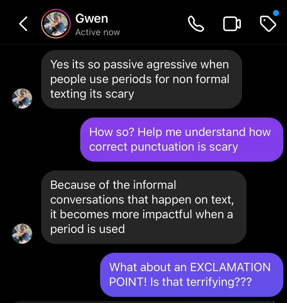 Screenshot of text conversation confirming another source for periods are harsh