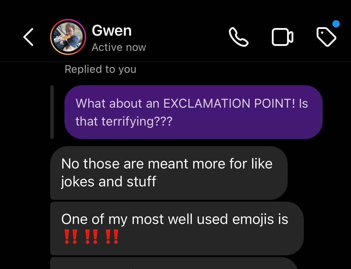 Screenshot of text asking about exclamation point.
