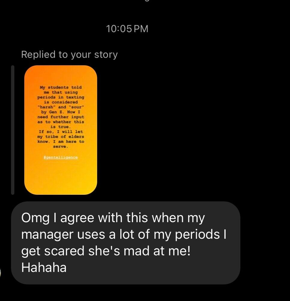 Screenshot of text  confirming periods are scary from another source