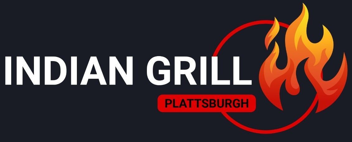 Indian Grill restaurant logo with fire icon and Plattsburgh location.