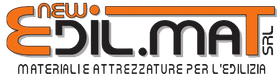 Logo for New Edil.Ma SRL. Orange and black lettering. Text includes "materiale attrezzature per l'edilizia."