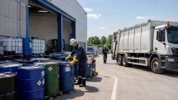 Un cassone scarrabile in cantiere viene riempito con materiali inerti durante un lavoro edile ordinato e professionale.