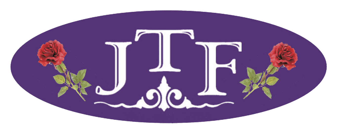 Purple oval logo with white JTF letters and red roses on each side