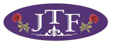 Purple oval logo with white JTF letters and red roses on each side