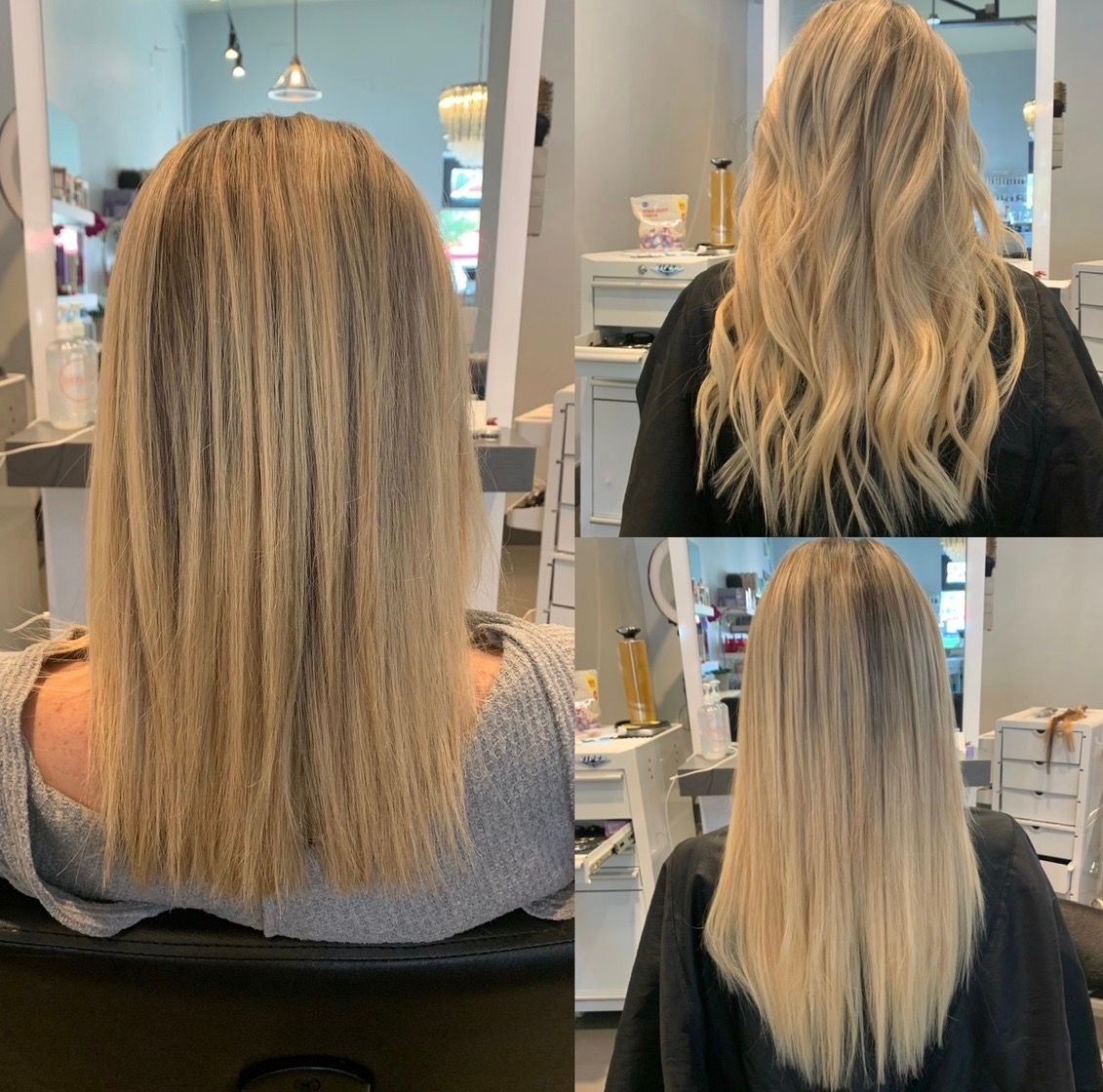 Before-and-after salon collage showing a shoulder-length blonde haircut transformed into long, layered straight hair at Blondie's