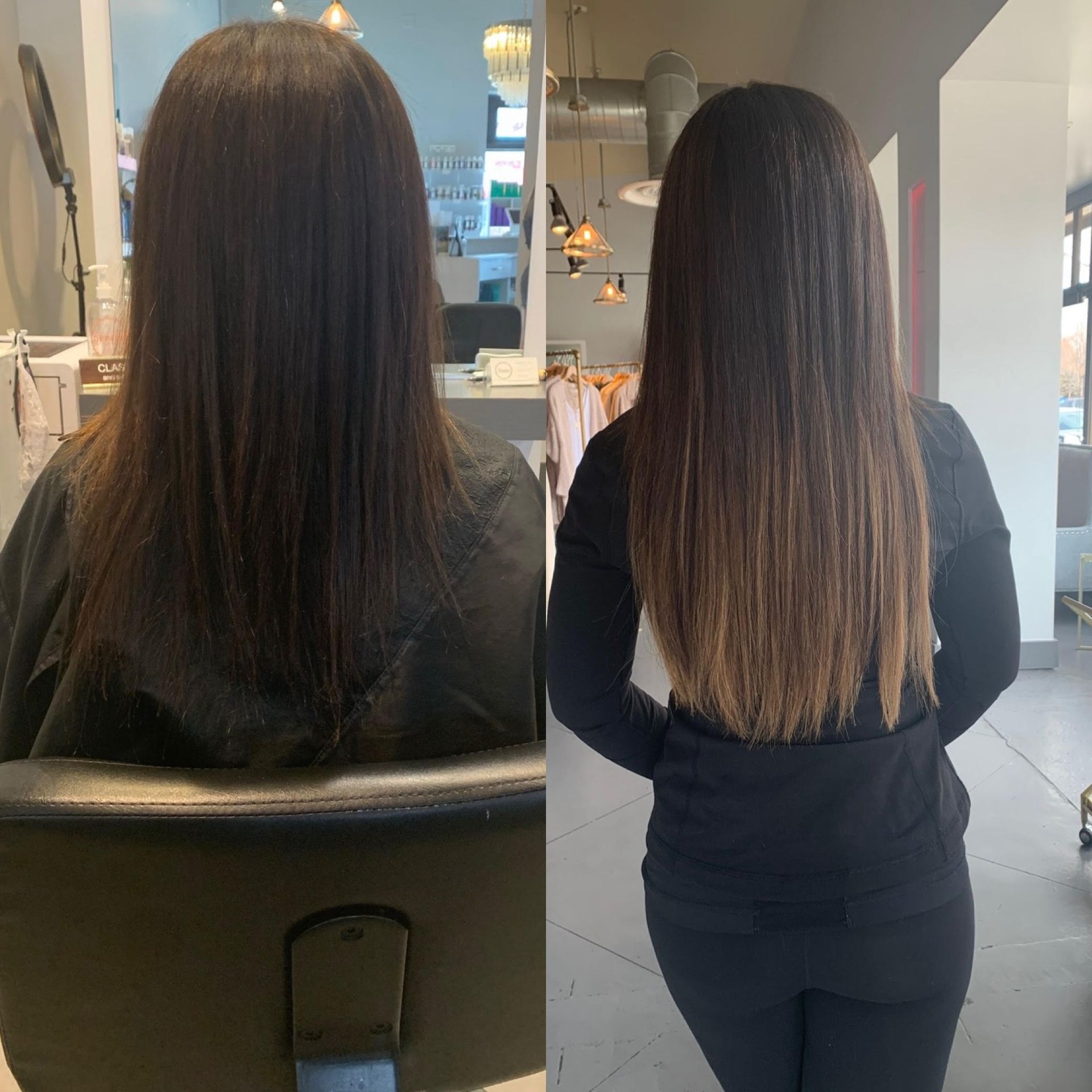 Two long dark-haired people seated in a salon, shown from behind with before-and-after hair lengths at Blondie's Beauty Bar