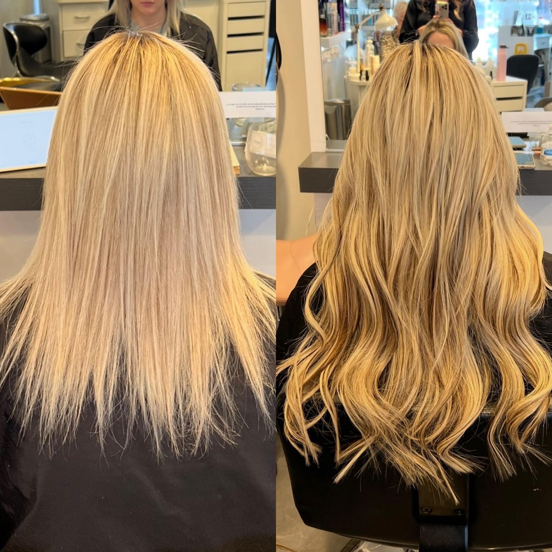 Before-and-after hair makeover: straight blonde hair transformed into wavy caramel-blonde curls in a salon at Blondie's beauty bar