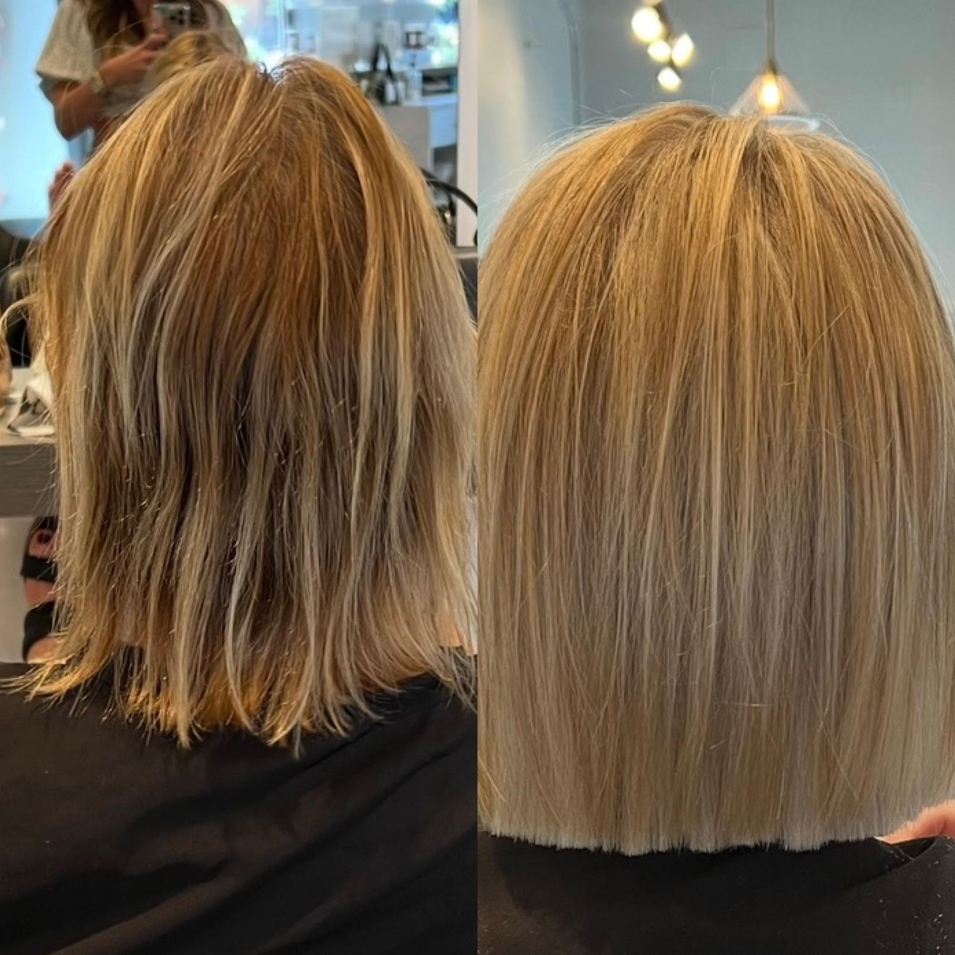 Before-and-after view of short blonde hair, showing a darker layered cut on the left and a smoother light blonde bob on the right at Blondie's Beauty Bar