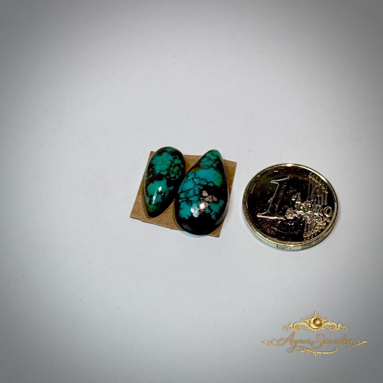 Kingman turkoois cabochon paar met munt voor schaal – blauwgroene stenen met donkere matrix, maatindicatie