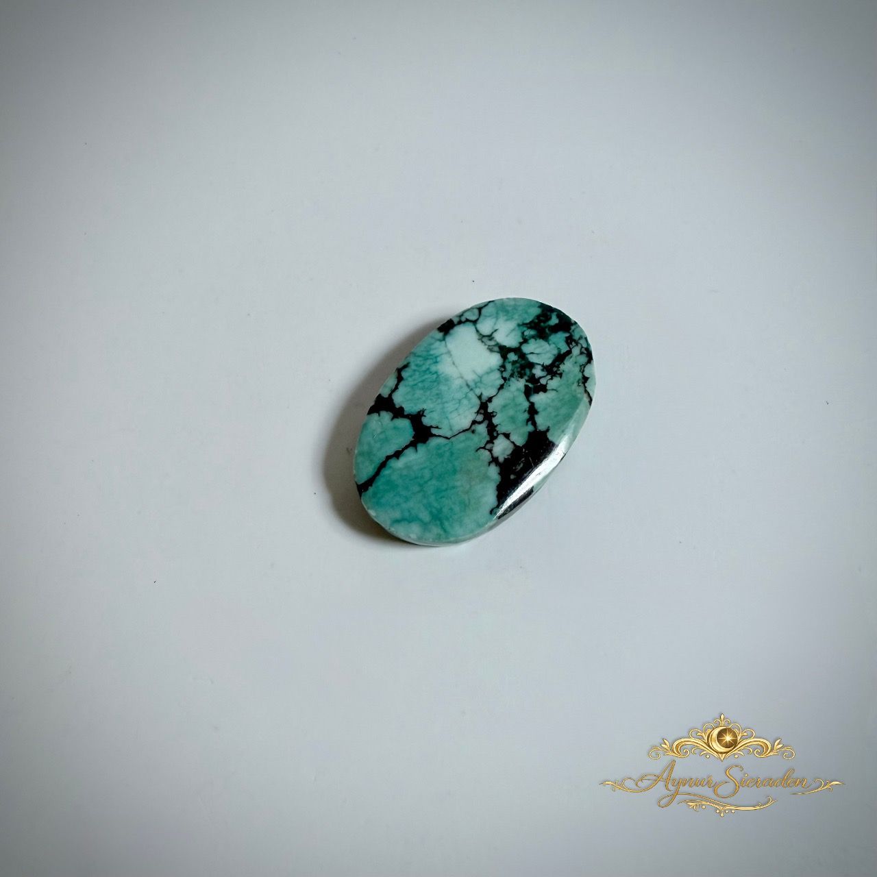 Ovale turkoois cabochon met groenblauwe tinten en zwarte natuurlijke aderstructuur op lichte achtergrond.
