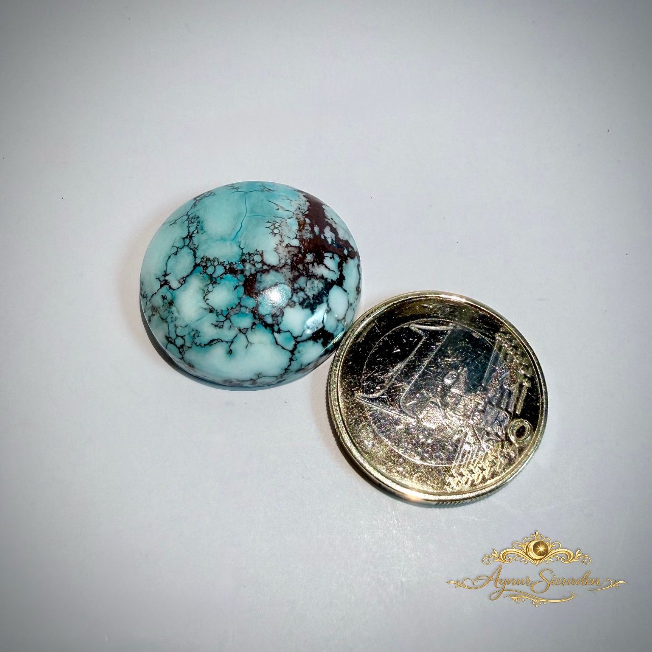 Een turquoise gemarmerde stenen schijf naast een glanzende gouden munt op een witte achtergrond.