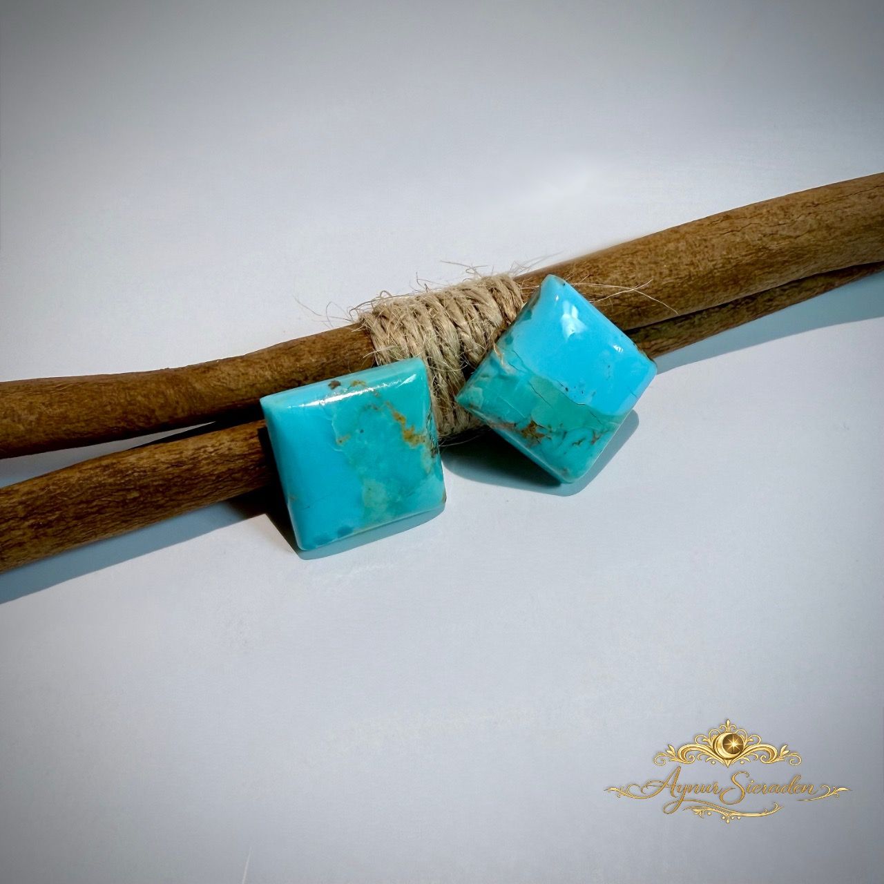 Vierkant paar lichtblauwe turkoois cabochons op houten takken.