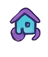 Blue and purple house with curved purple legs and window.