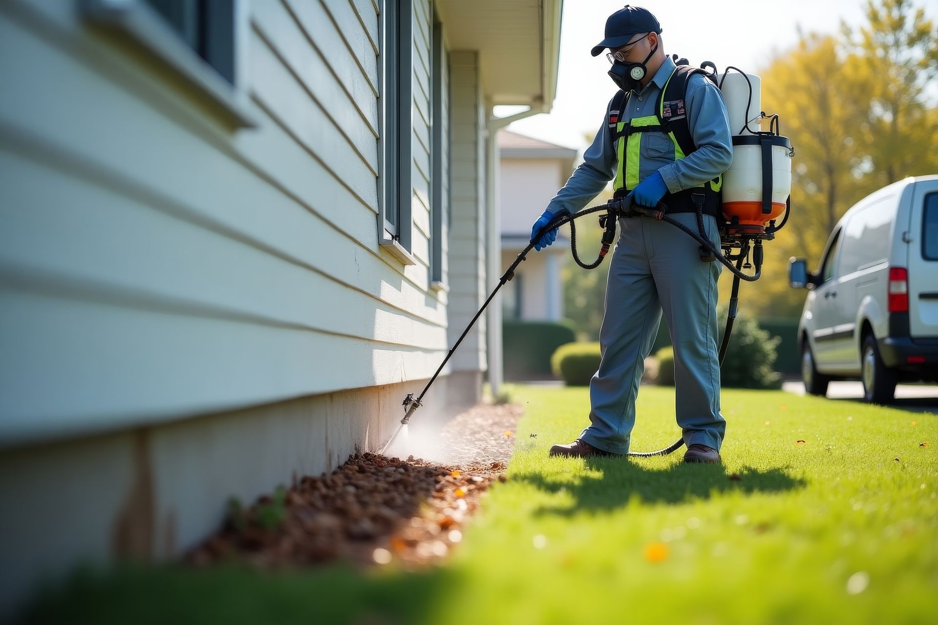 Un technicien en désinsectisation pulvérise un insecticide autour des fondations d'une maison.