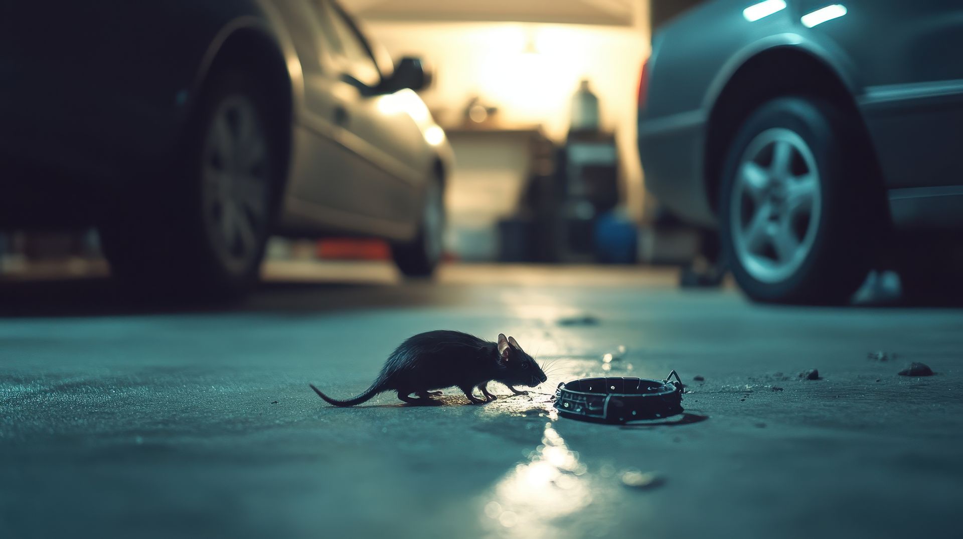 Un rat à côté d'une gamelle renversée sur le sol d'un garage, avec des voitures en arrière-plan.