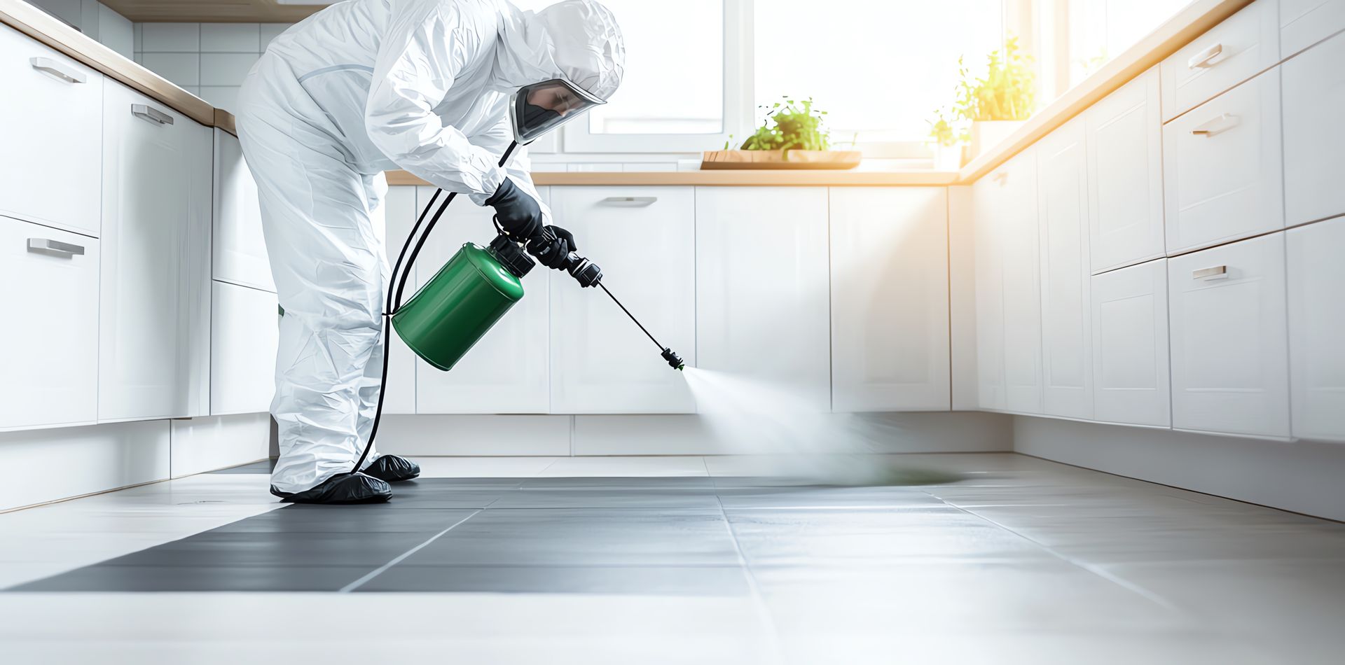 Une personne en combinaison de protection pulvérise du désinfectant dans une cuisine.