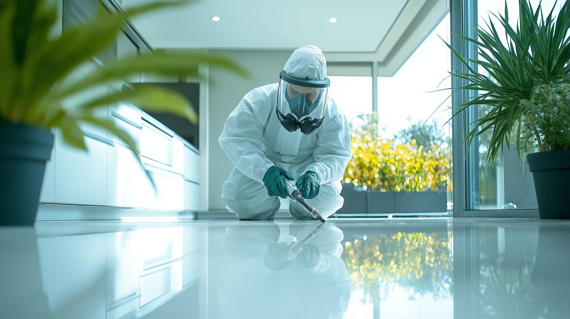 Une personne en combinaison de protection est agenouillée sur un sol brillant, en train d'inspecter, avec de la verdure en arrière-plan.