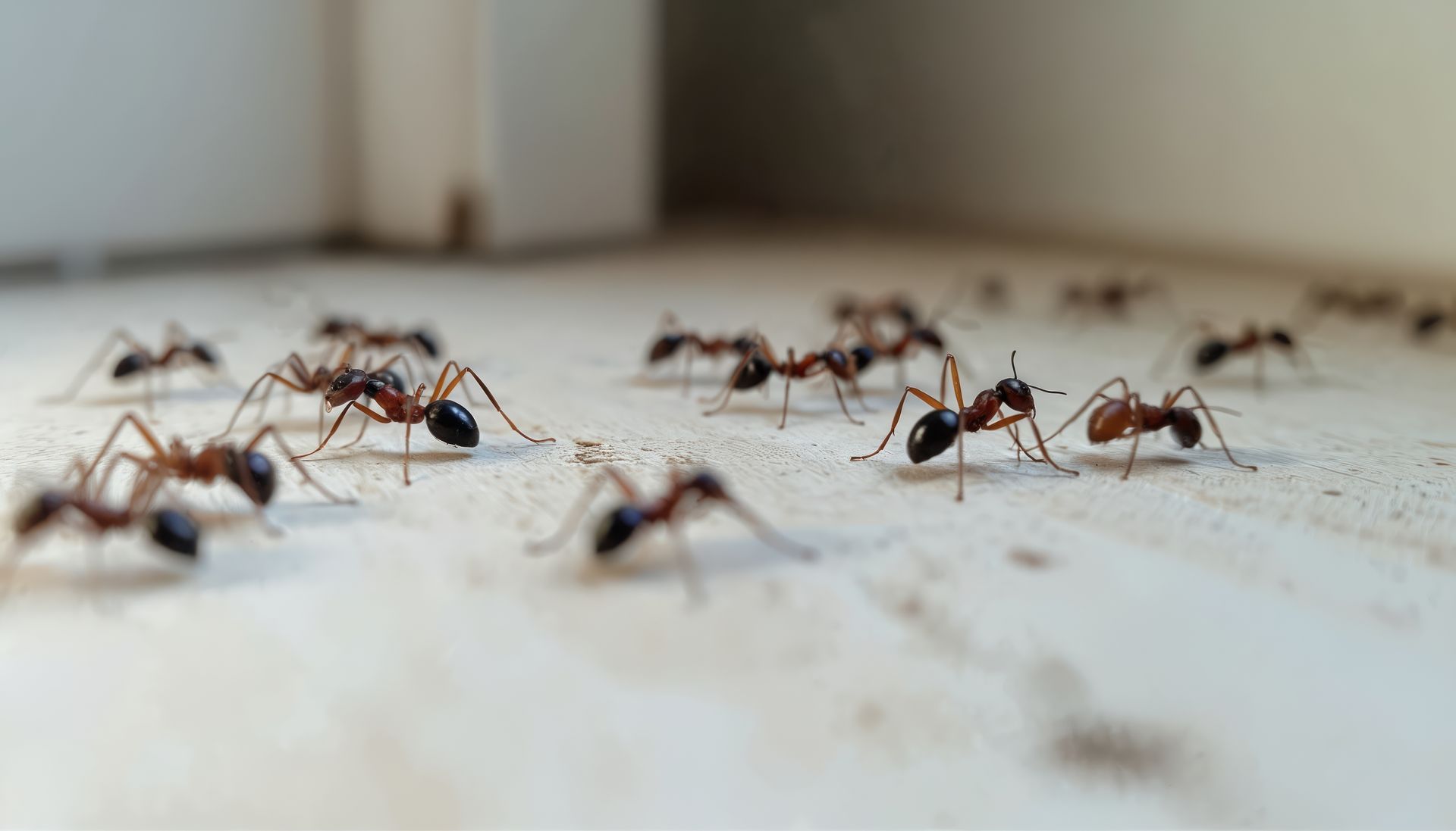 Des fourmis brunes et noires rampent sur une surface blanche près d'une porte blanche.