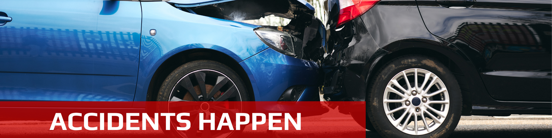 Two cars, blue and black, after a collision. The words 