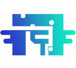 Abstract blue-to-teal logo of connected shapes forming stylized letters or figures on a white background