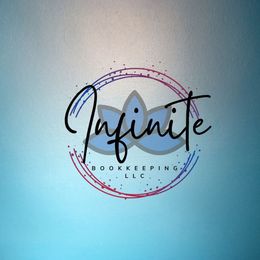 Infinite Bookkeeping LLC logo in black script inside a pink and blue circular brushstroke.