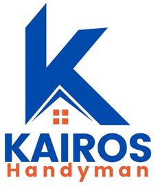 Kairos Handyman logo with blue house-shaped K and orange text on white background