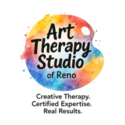 Art Therapy Studio of Reno logo in colorful watercolor with tagline “Creative Therapy. Certified Expertise. Real Results.”