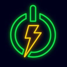 Neon green power icon with a yellow lightning bolt on a dark background