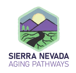 Sierra Nevada Aging Pathways logo with mountains, sun, trees, and winding river in purple and green