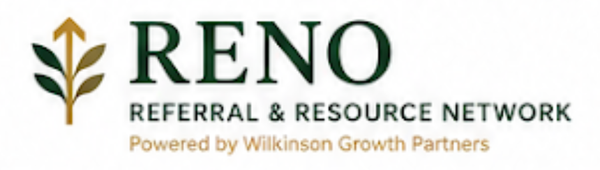 RENO Referral & Resource Network logo with gold leaf icon and green text, powered by Wilkinson Growth Partners
