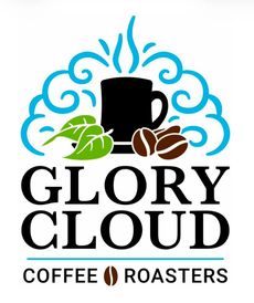 Glory Cloud Coffee Roasters logo with black mug, steaming cloud, green leaves, and coffee beans