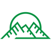 Green mountain logo with a semicircle sun rising behind stylized peaks
