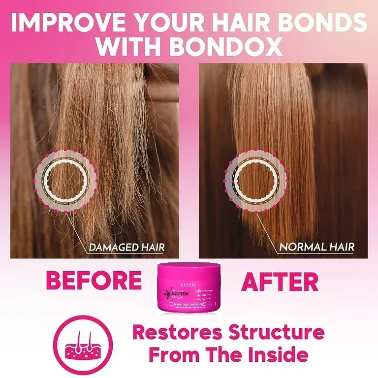 A before and after picture of damaged hair and normal hair