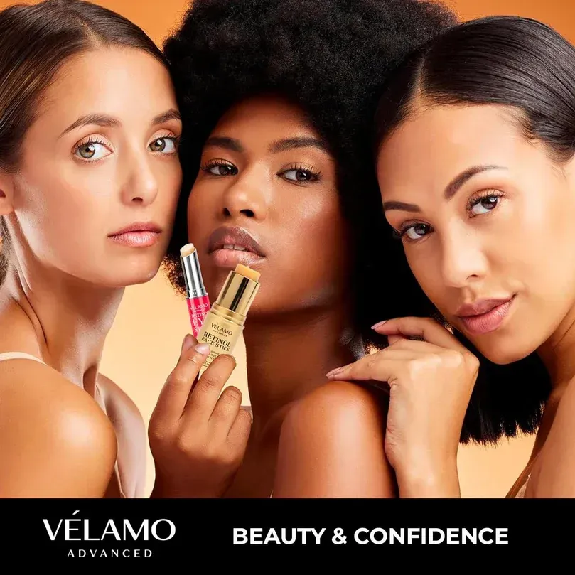 Three women are posing for a picture with velamo beauty and confidence written on the bottom