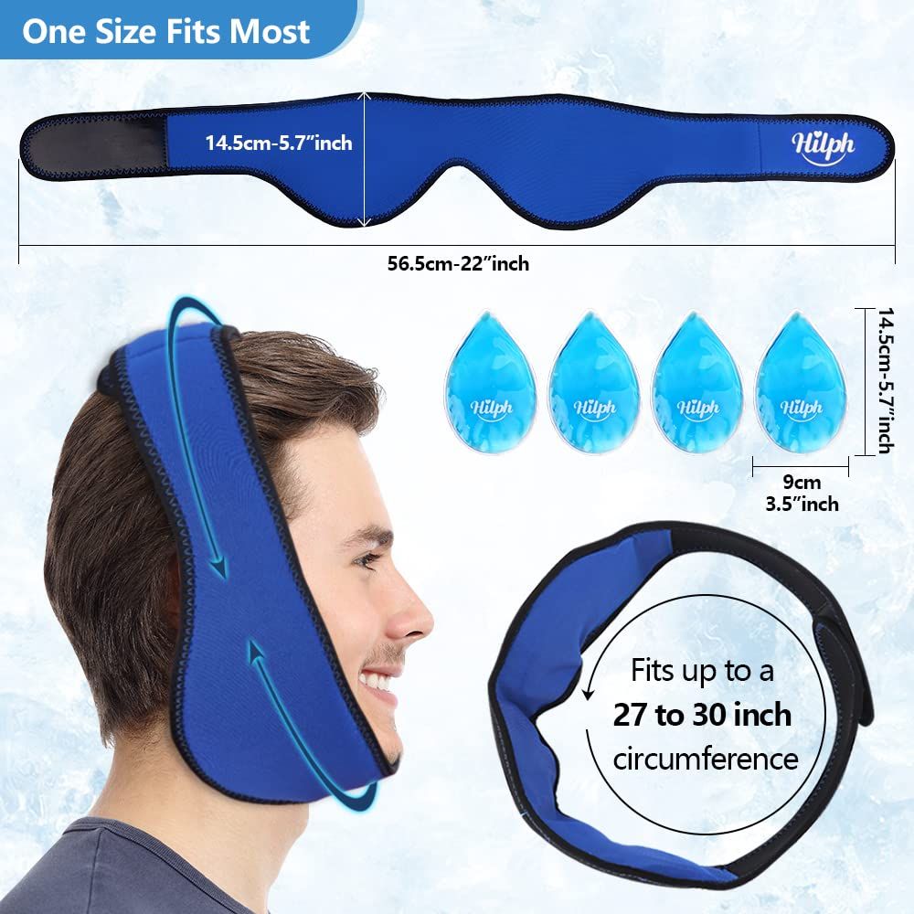 A man wearing a blue headband with ice packs attached to it.