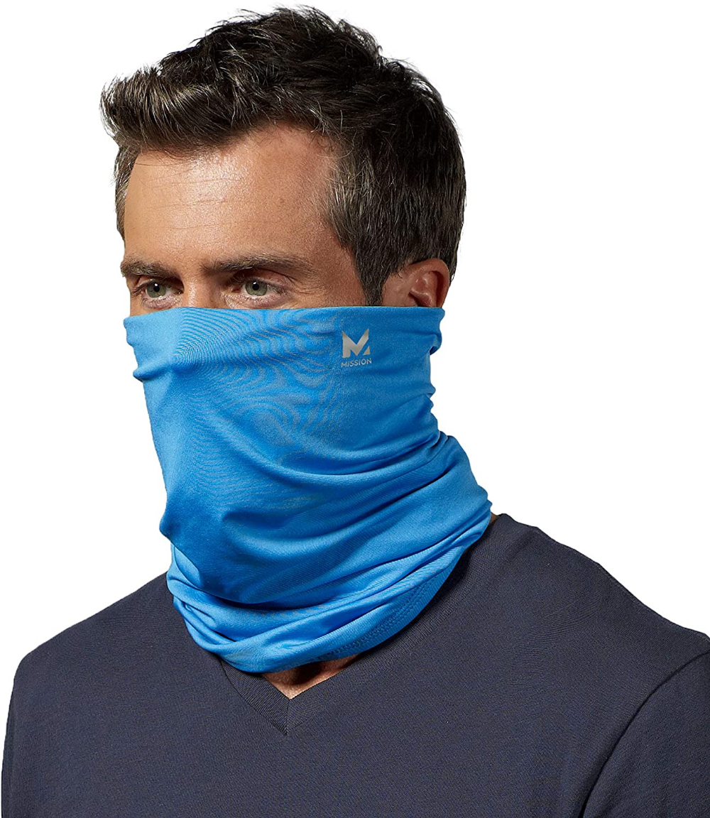 A man wearing a blue scarf around his neck