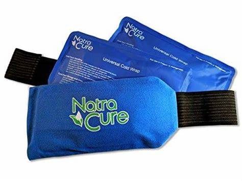 A blue ice pack with the word natra cure on it.